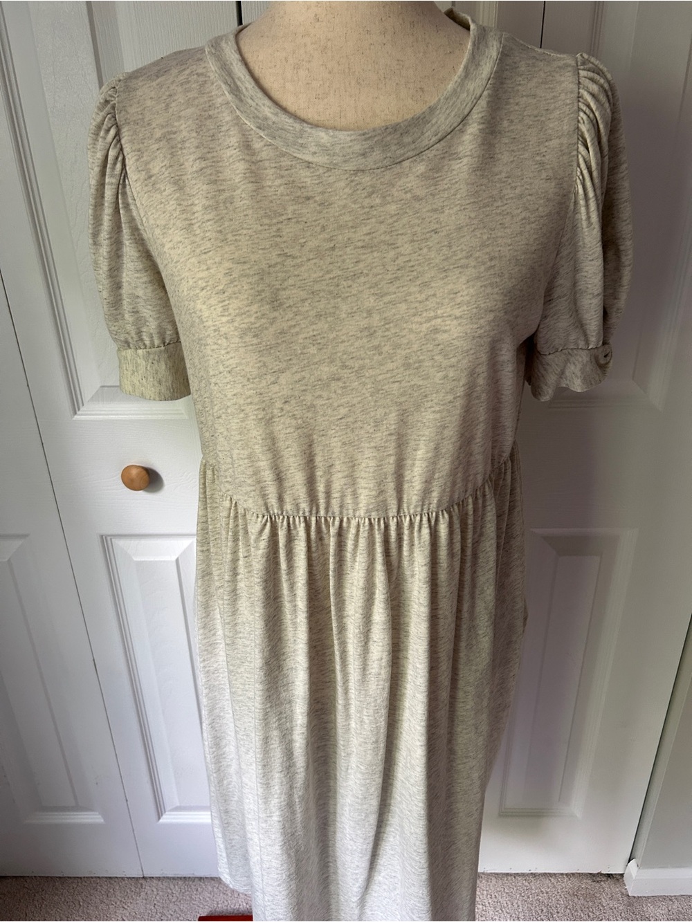 Casual Puff Sleeve Babydoll Dress - Light Heather